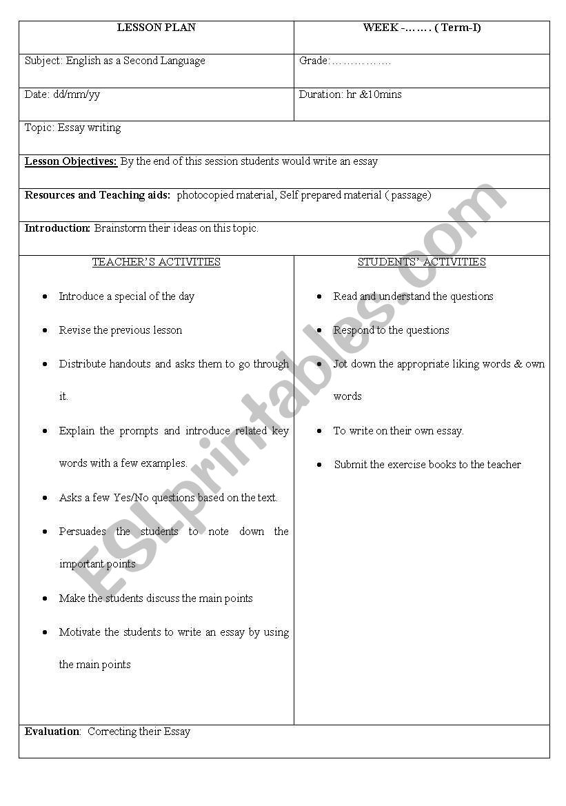 Lesson plan of Essay writings worksheet