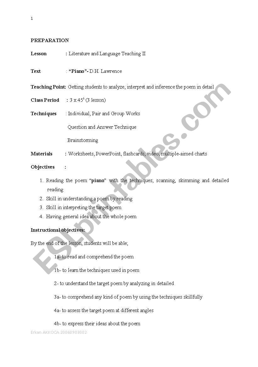 piano poetry lesson report worksheet