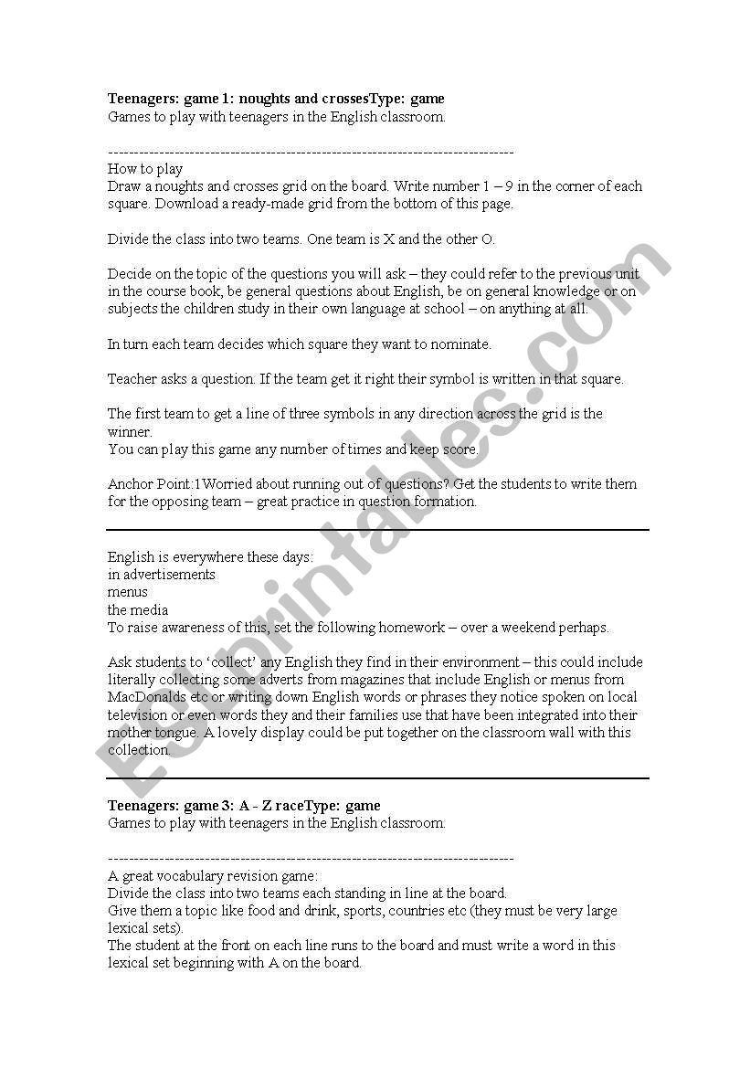 Teenagers activities worksheet