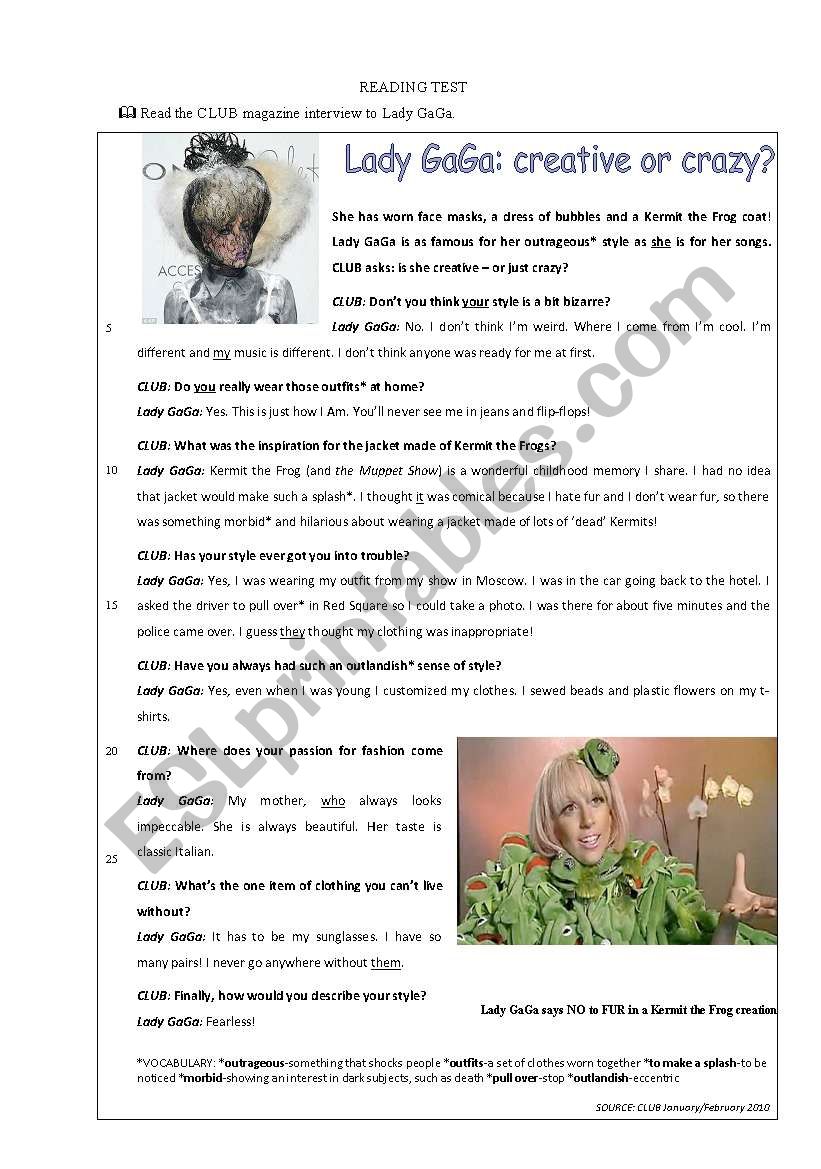 Reading Test Lady Gaga´s Style Esl Worksheet By Subia 