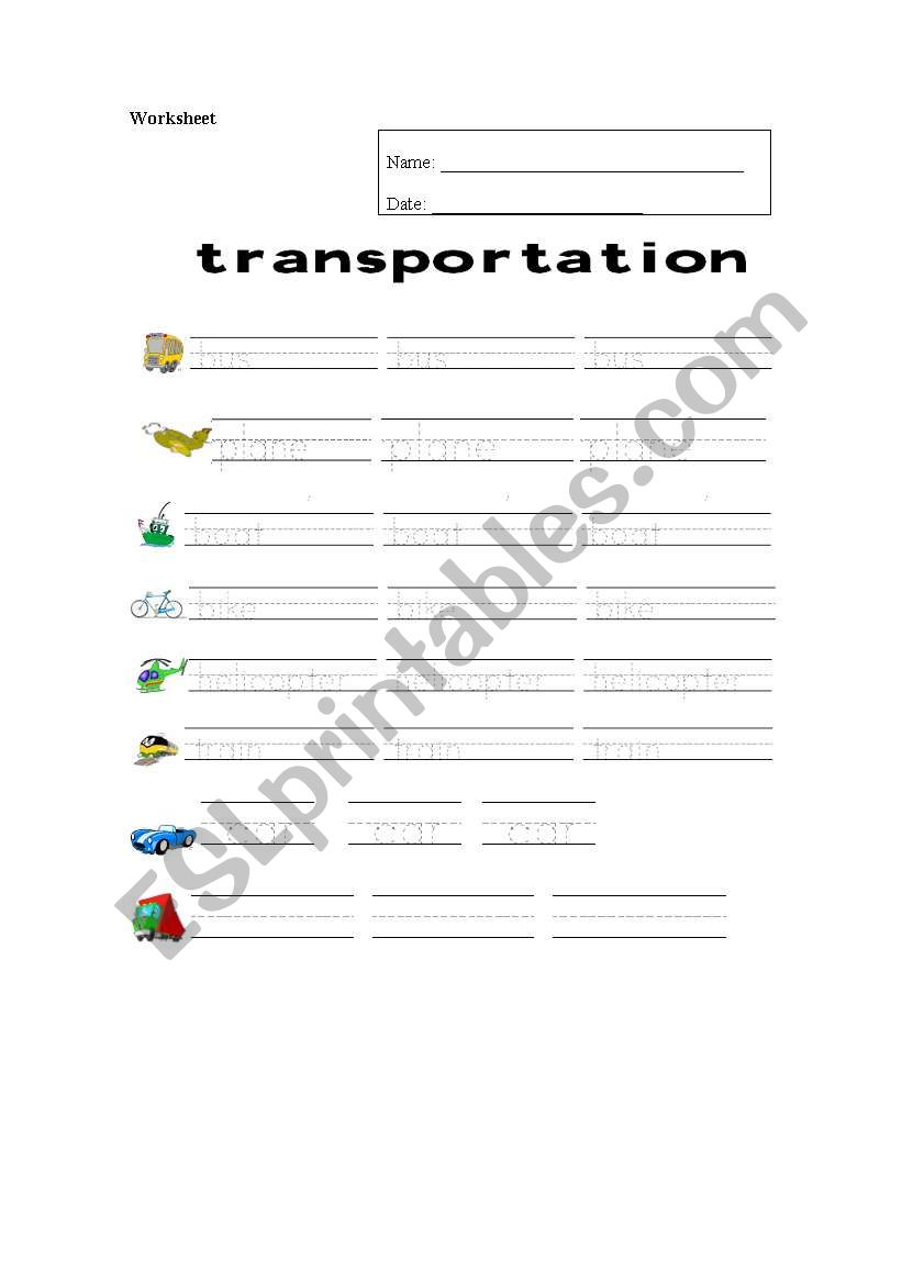 Means of  transports trace worksheet