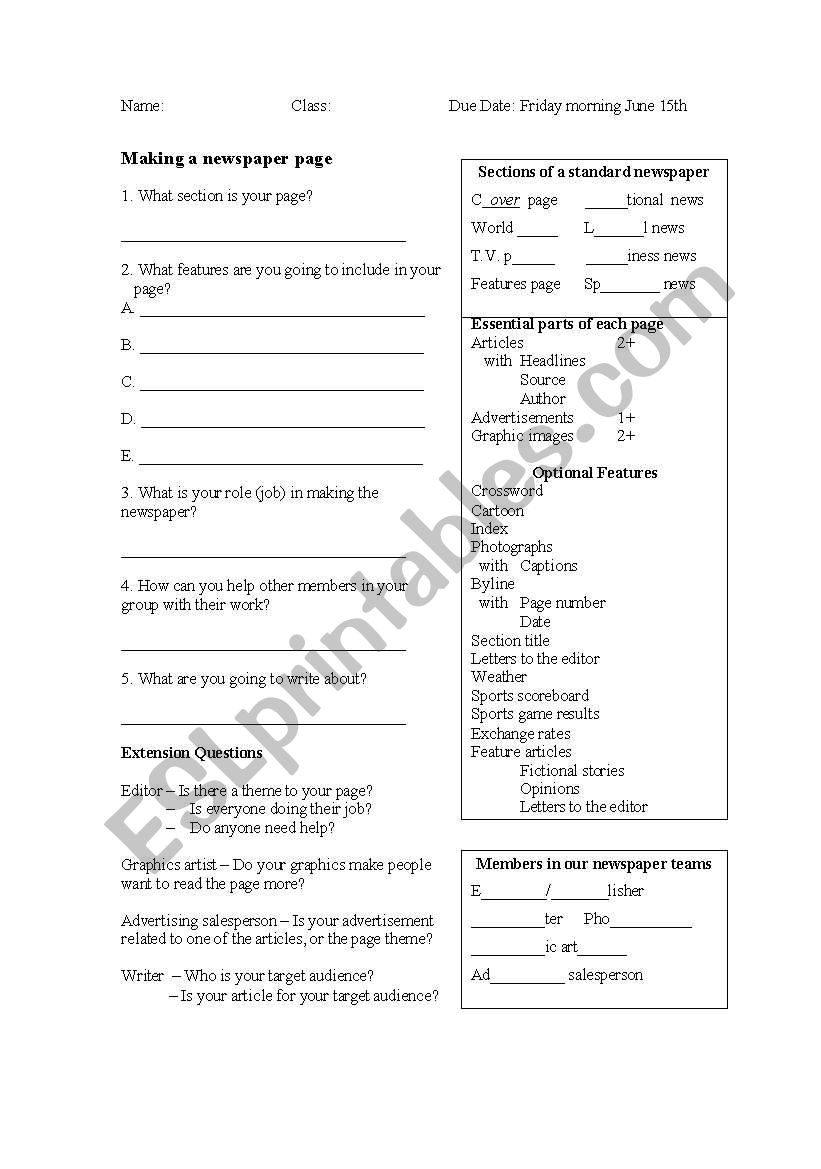 Creating a newspaper  worksheet