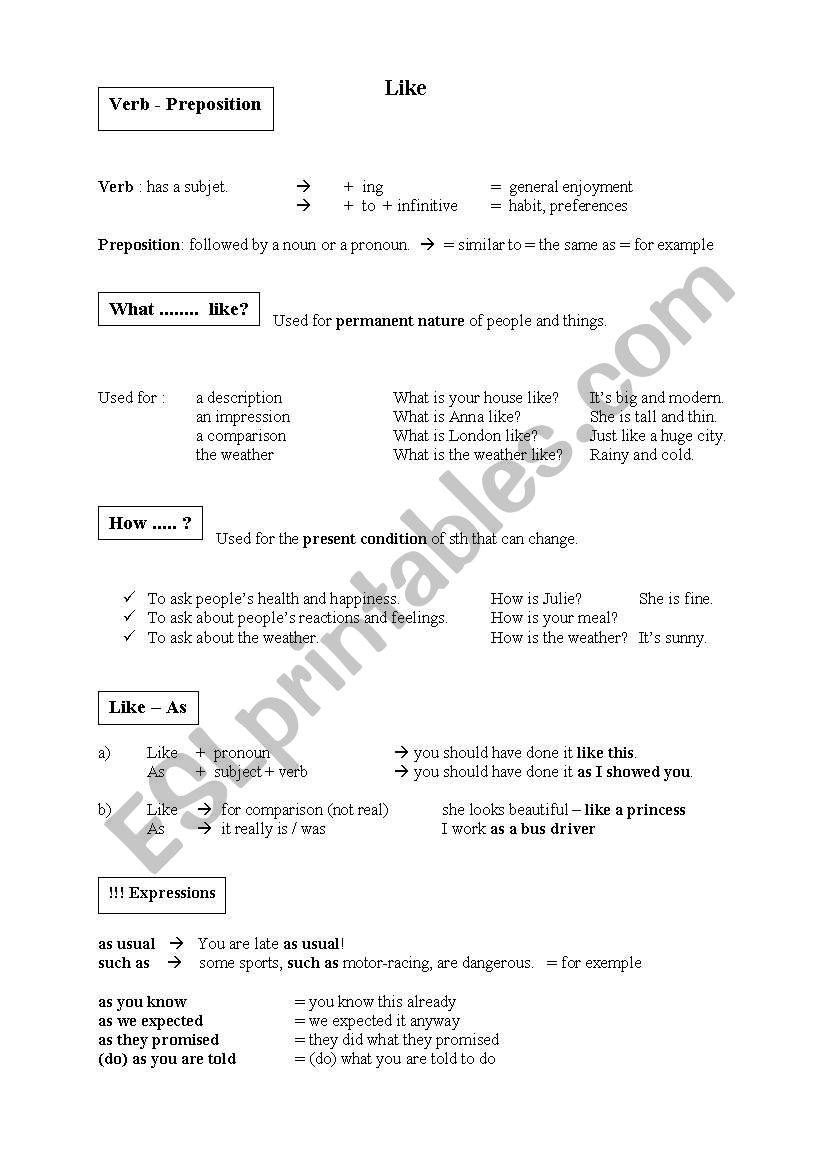 Like  verb and preposition worksheet