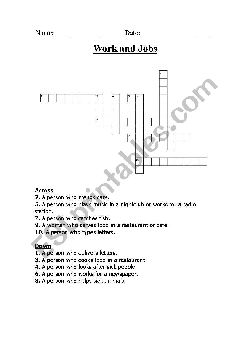 work and jobs worksheet