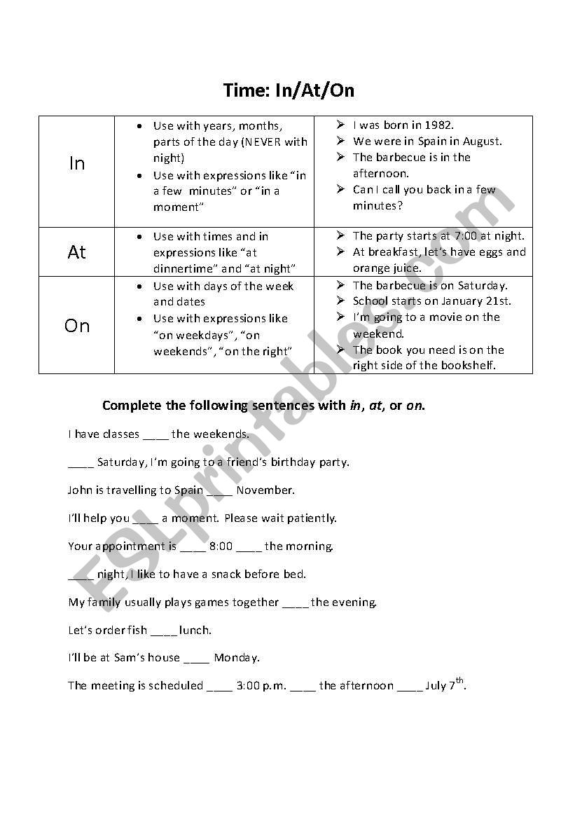 In/At/On Preposition Worksheet