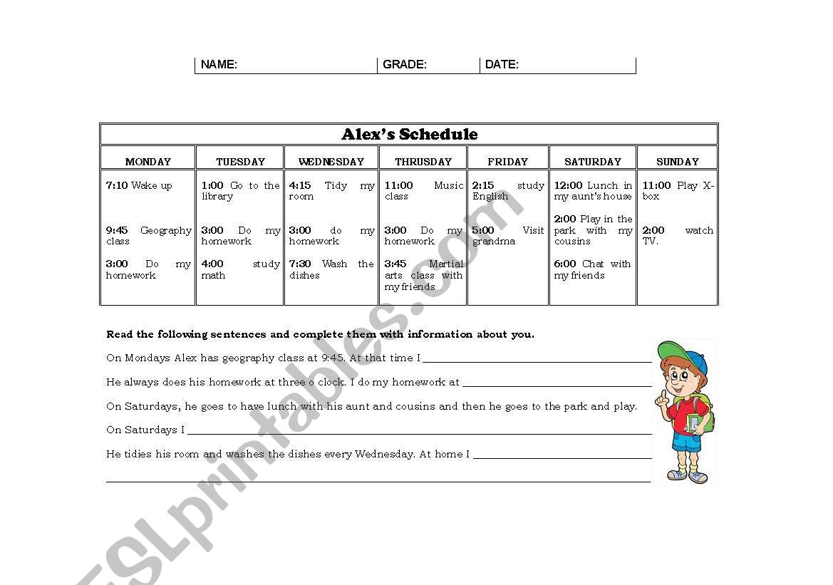 Alex schedule worksheet