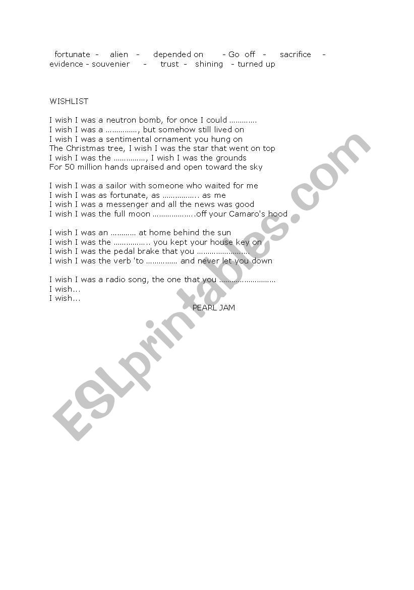 wishlist song and vocabulary worksheet