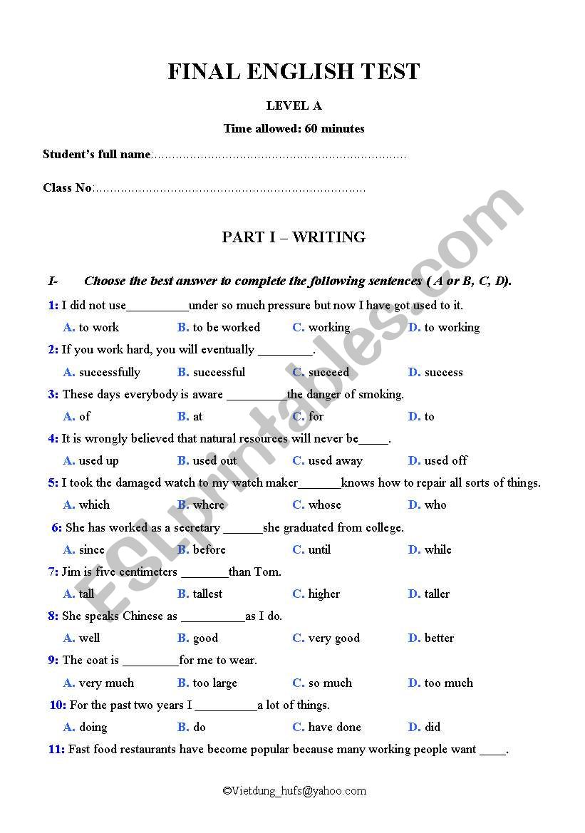 English test worksheet