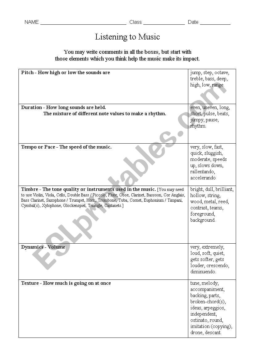 Listening Worksheet for Music worksheet