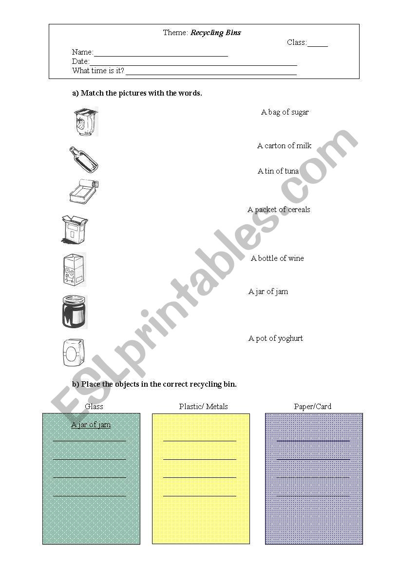 Recycling bins worksheet