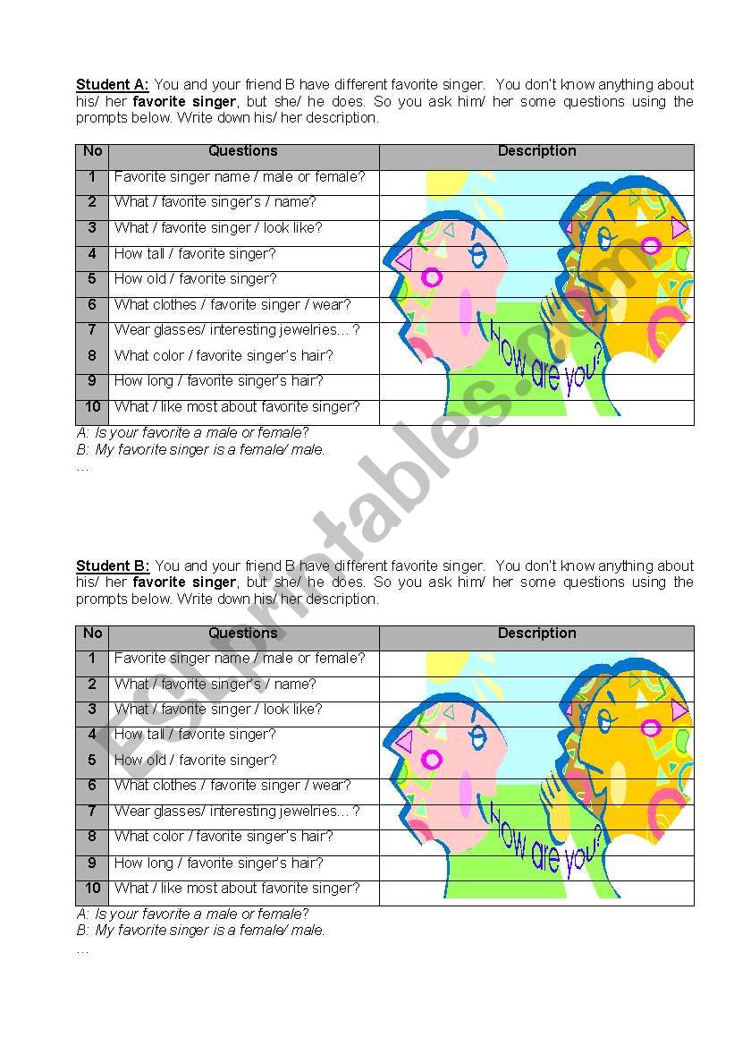 Favorite singer worksheet