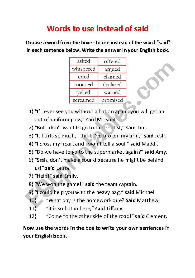 English Worksheets Words To Use Instead Of Said