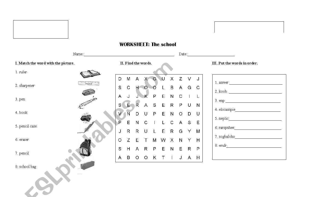 school suplies worksheet