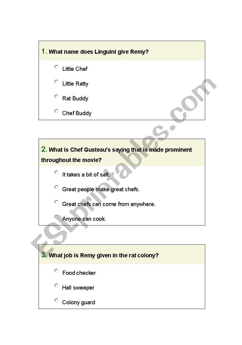 Ratatouille comprehension quiz