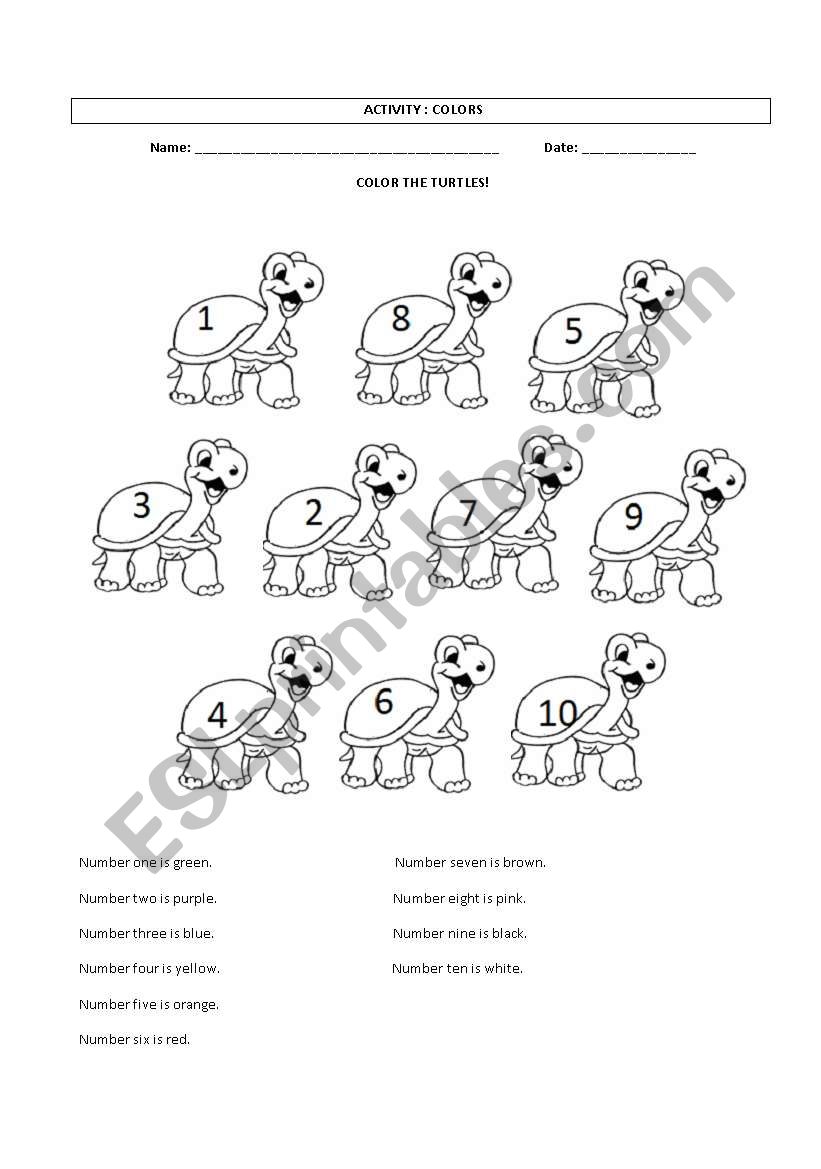 Color the turtles 1 to 10. worksheet
