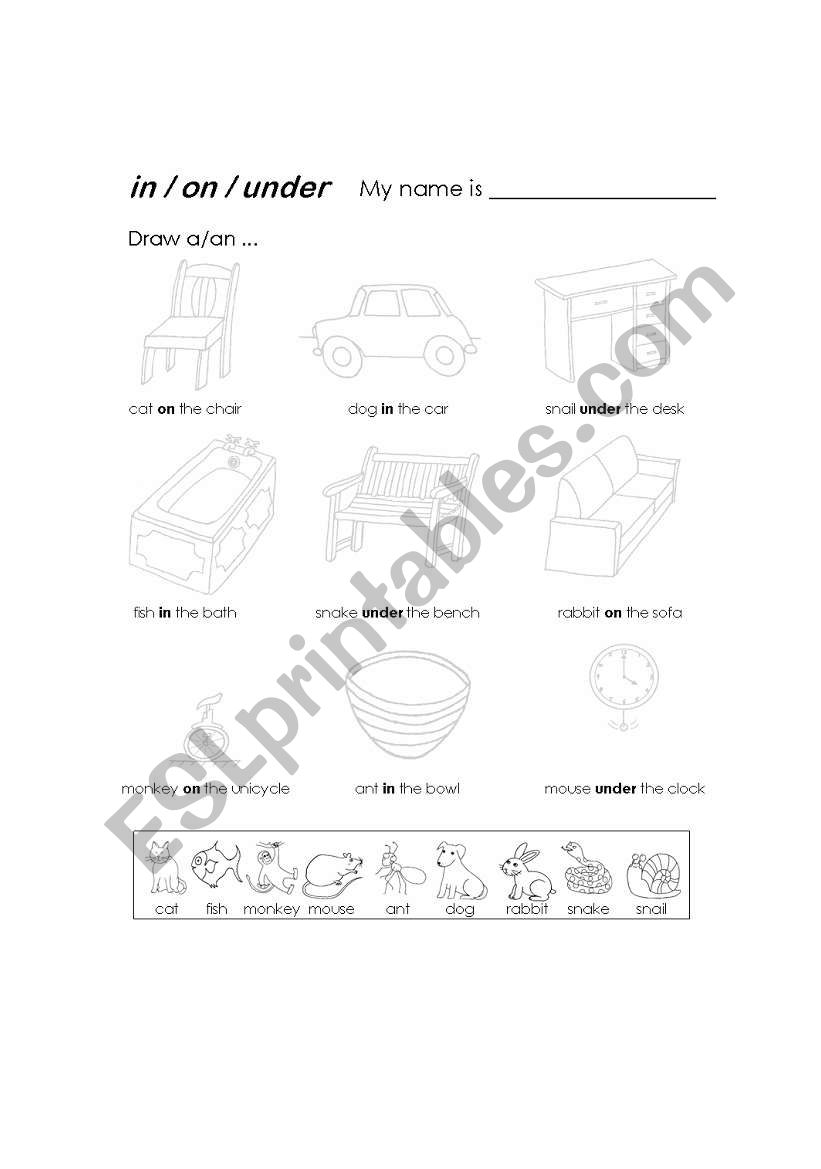 Preposition in-on-under worksheet