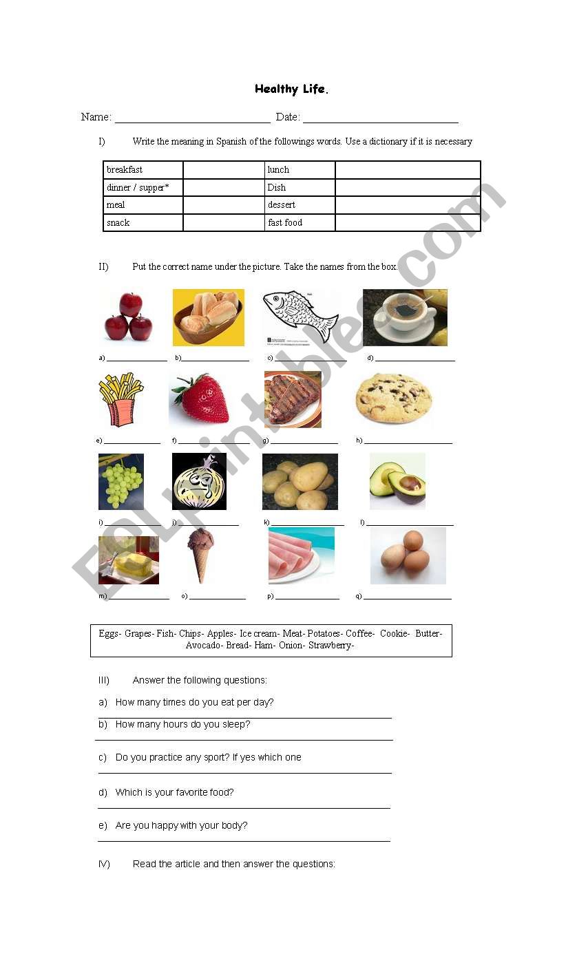 A healthy life worksheet