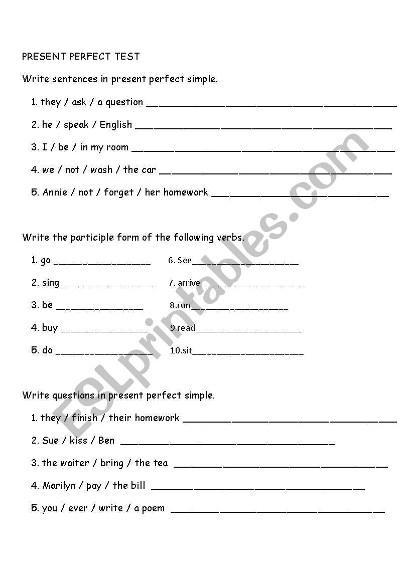 present perfect test worksheet