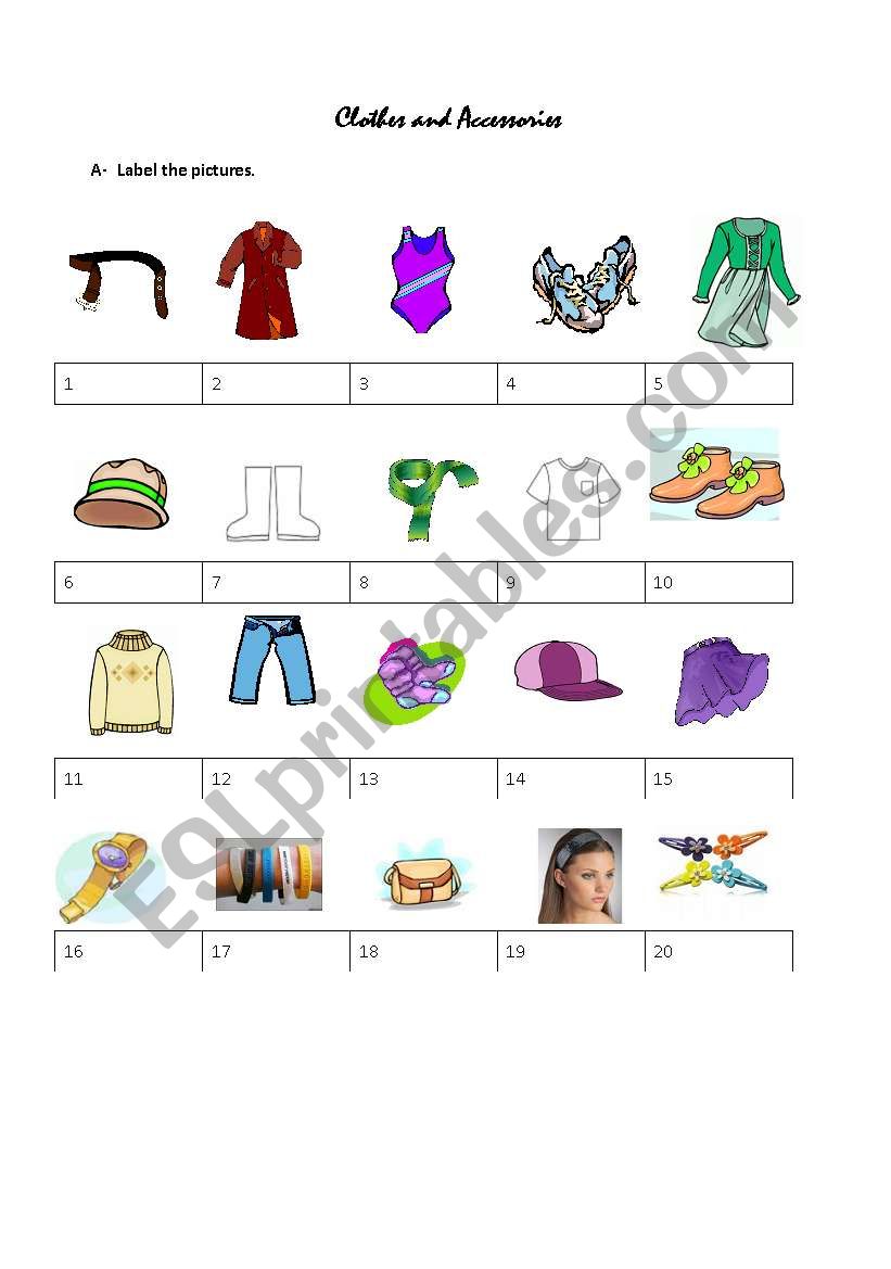 Clothes and accessories worksheet