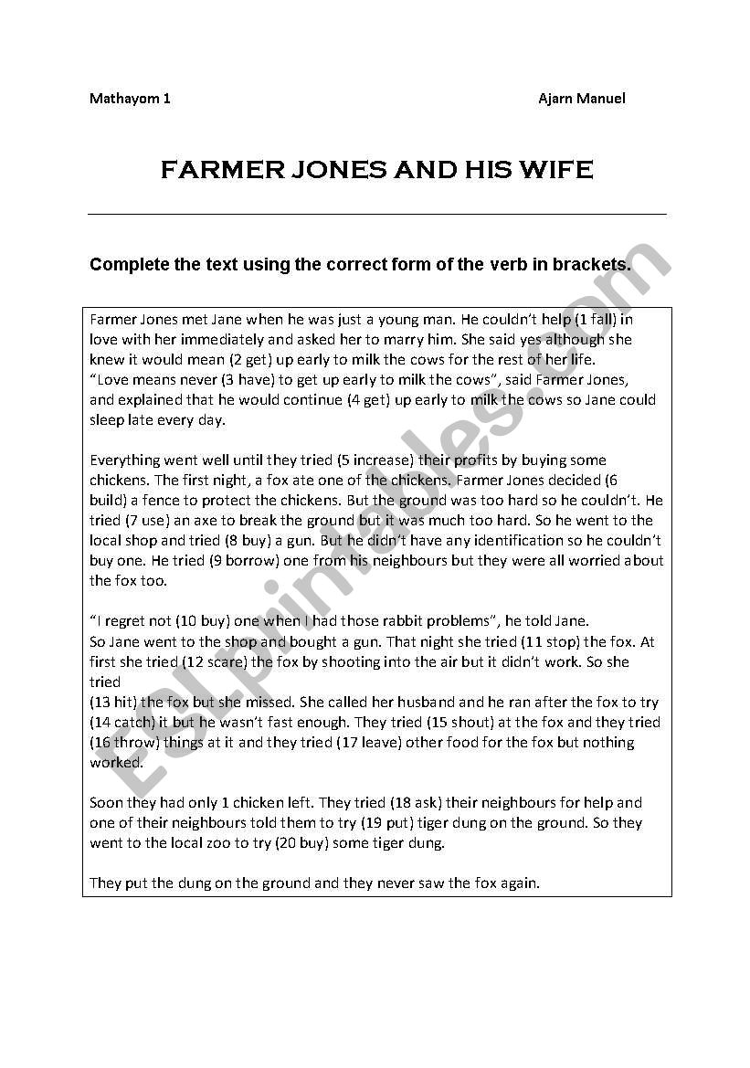 Farmer Jones and his wife worksheet