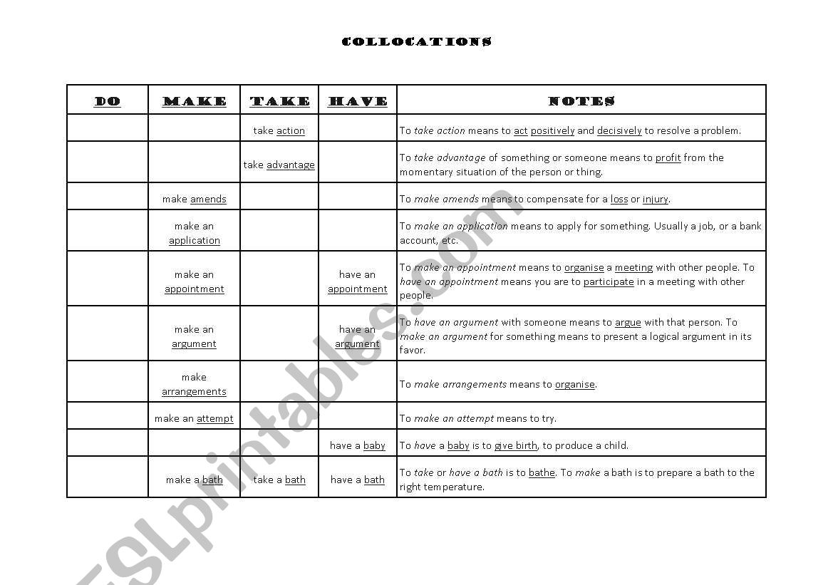 collocation list worksheet