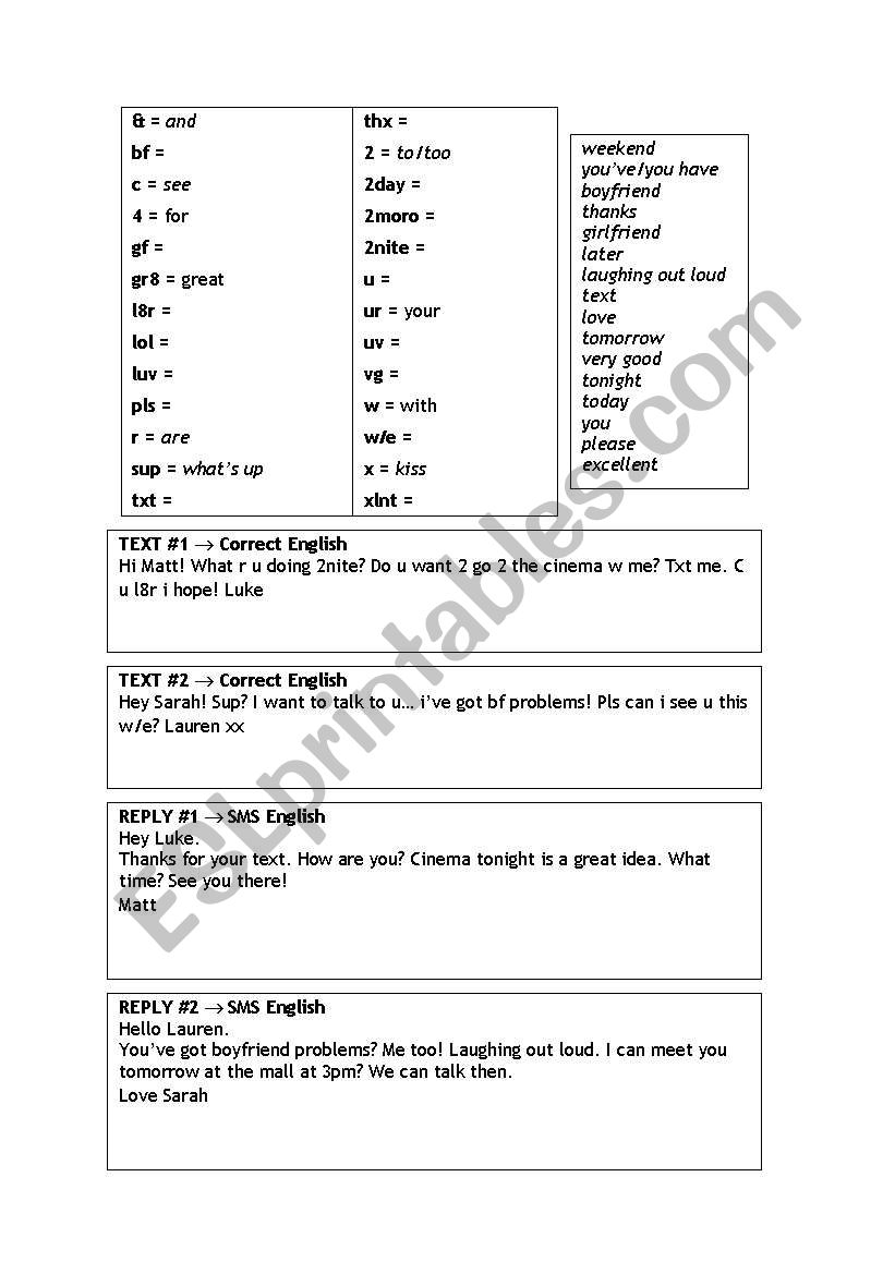 SMS English worksheet