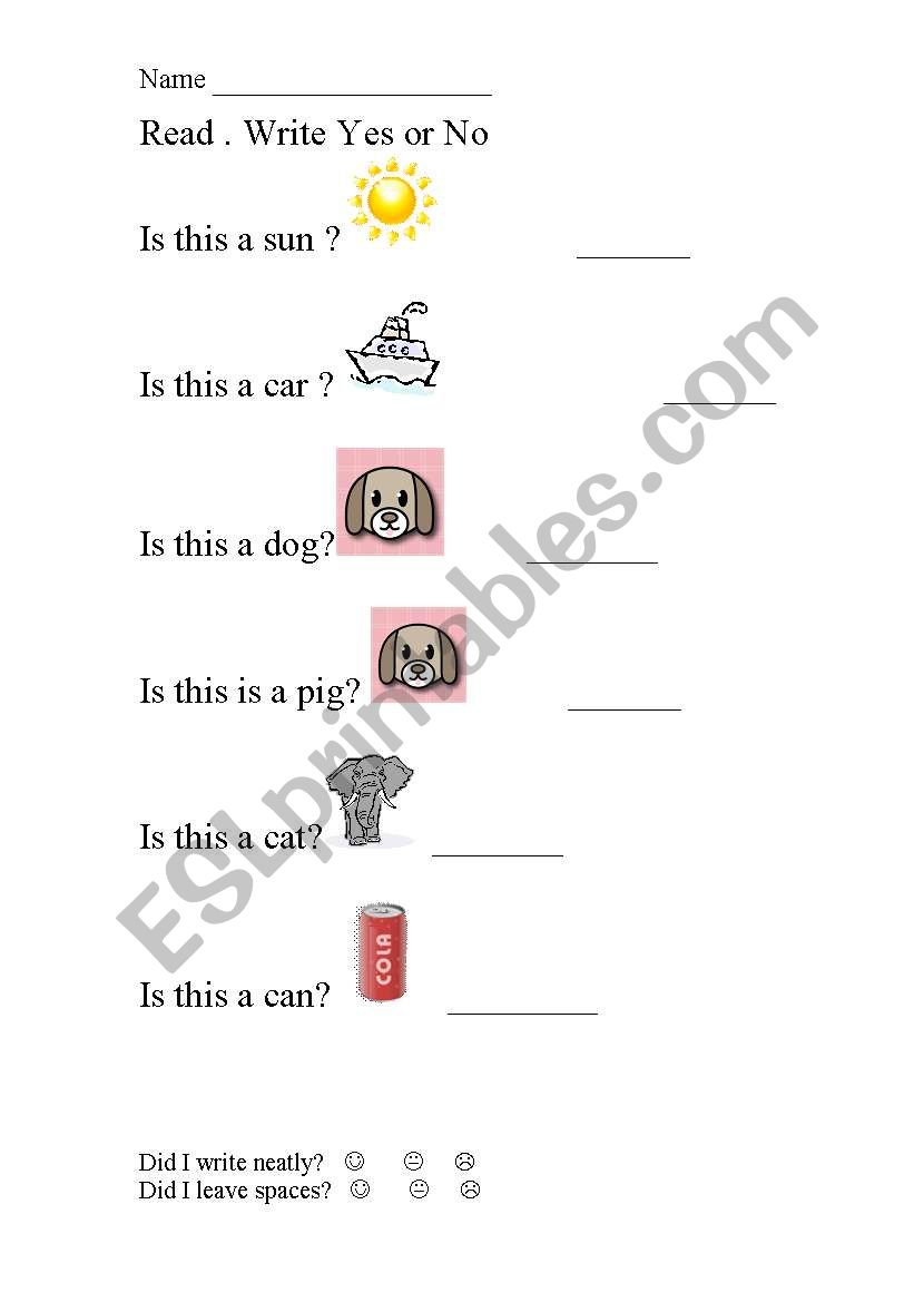 Write Yes or No worksheet