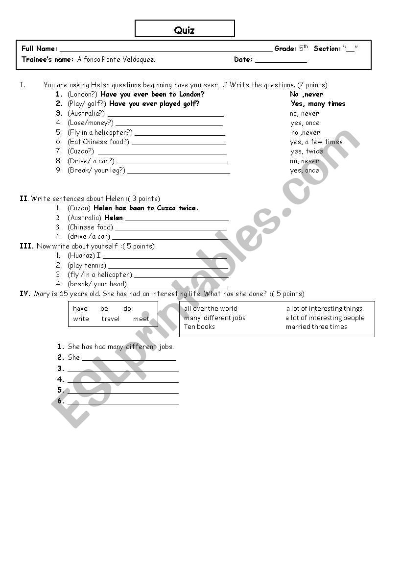 present perfect worksheet