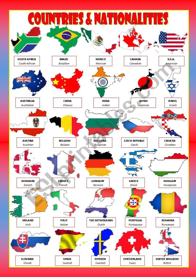 COUNTRIES NATIONALITIES ESL Worksheet By Mariaolimpia