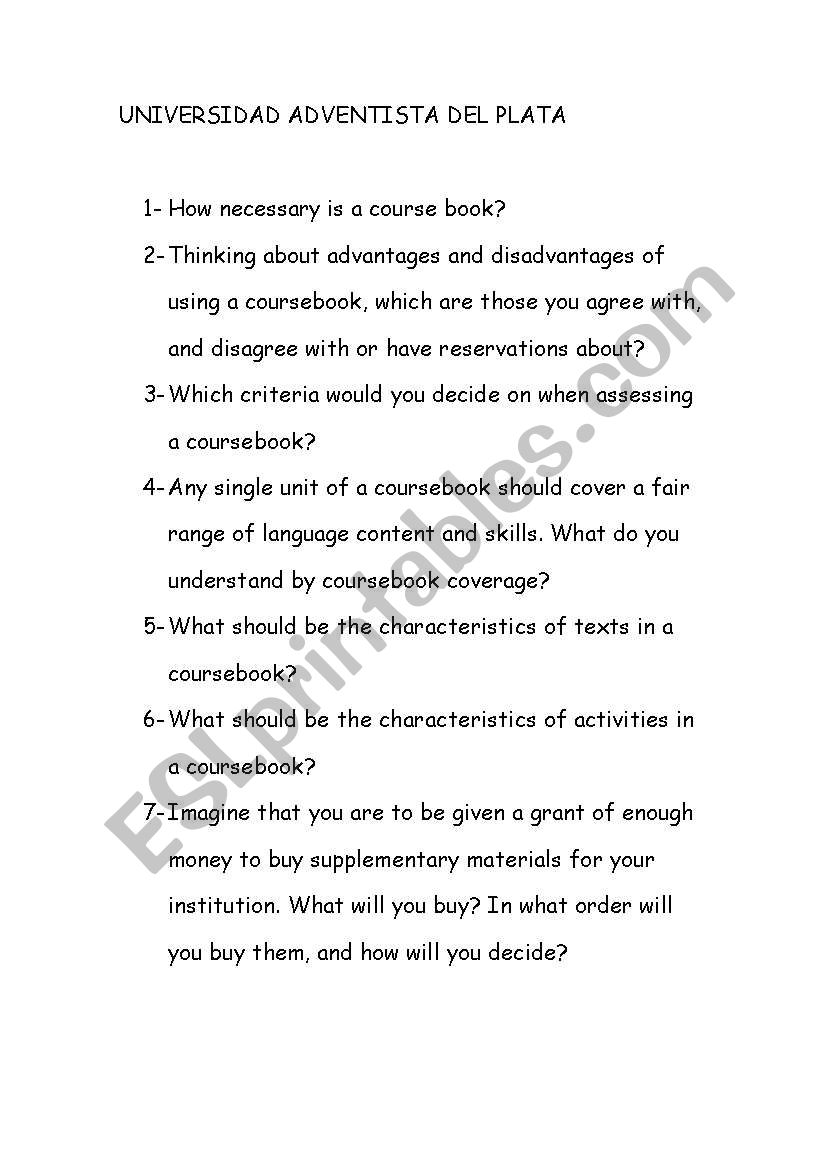 questionnaire on using coursebooks