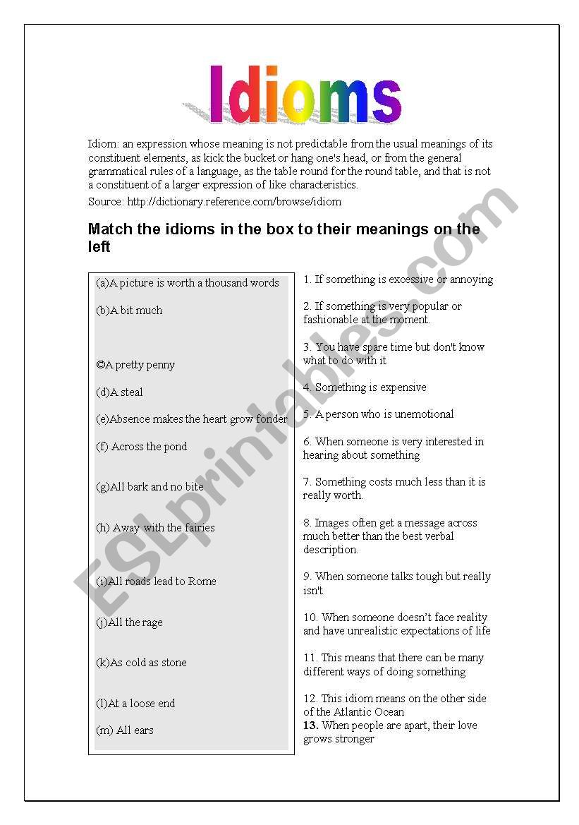 Idioms with A worksheet