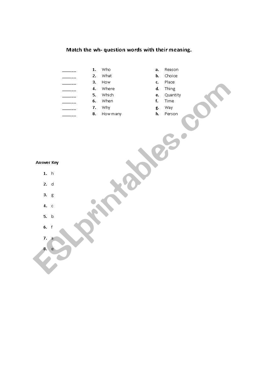 Wh question words meaning worksheet