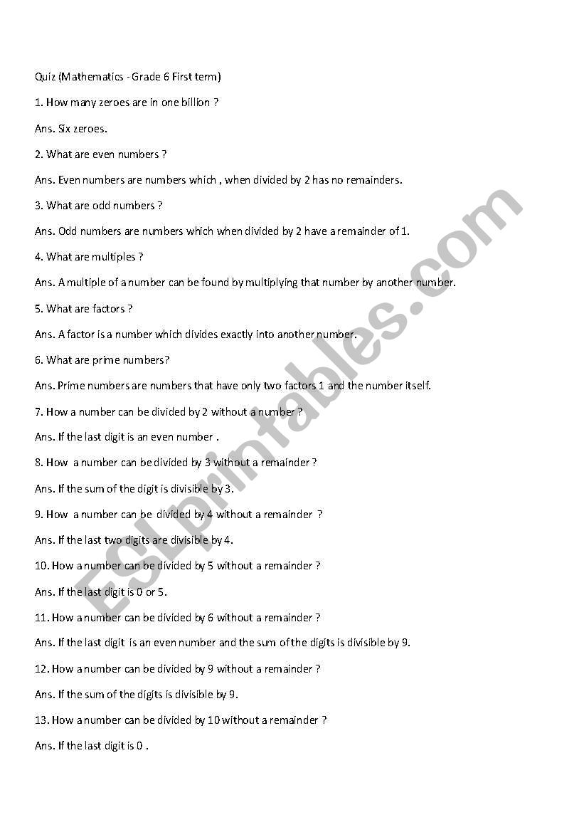 quiz questions worksheet