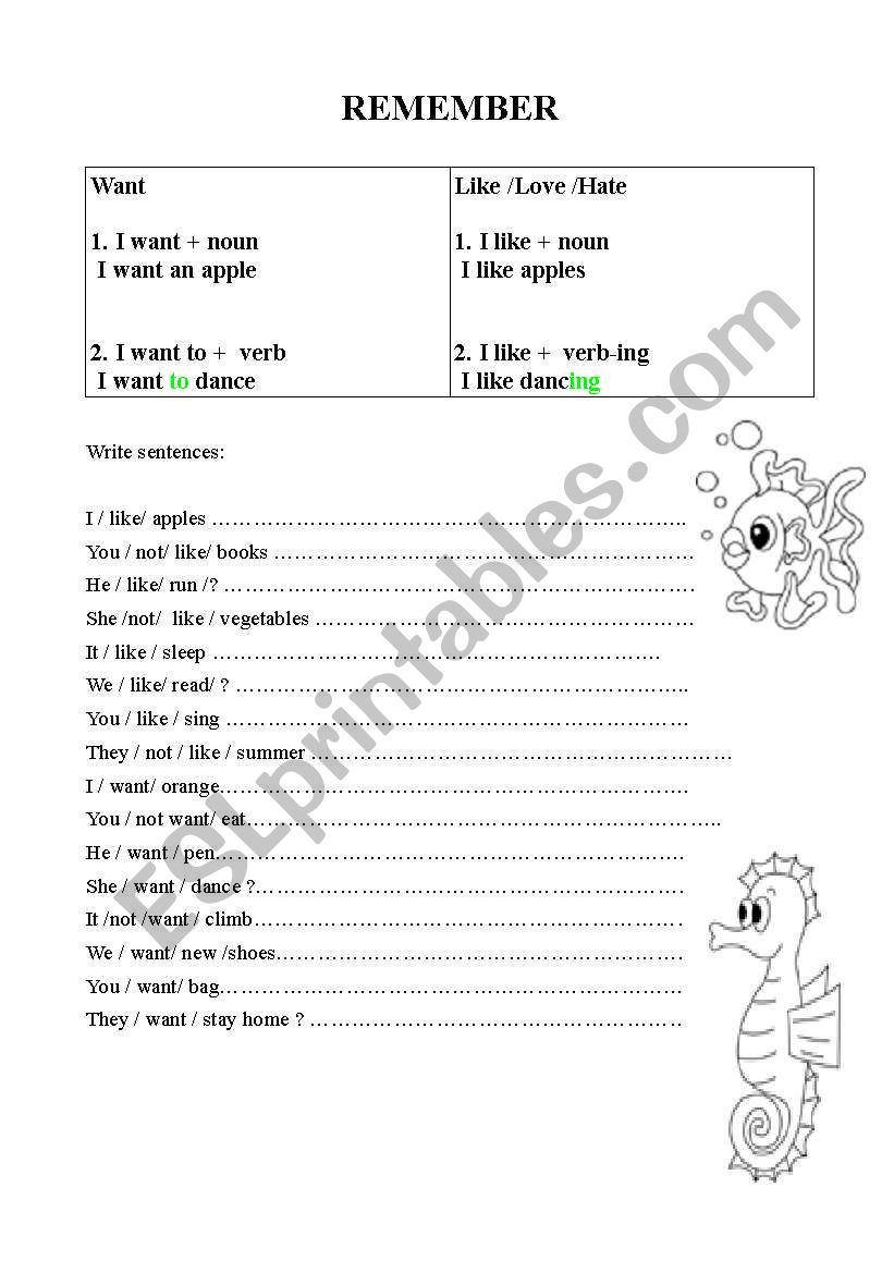 English Worksheets Want noun Or Verb Like Noun Or Verb