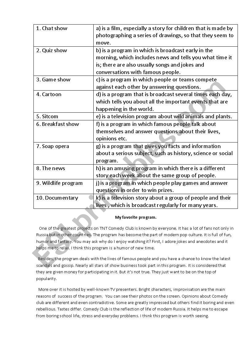 TV programs worksheet