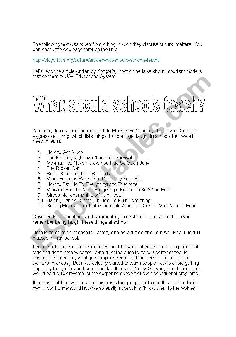 what should schools teach? worksheet