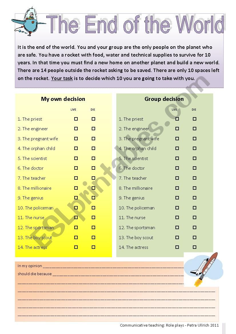 The end of the world - a role play survival game - ESL worksheet