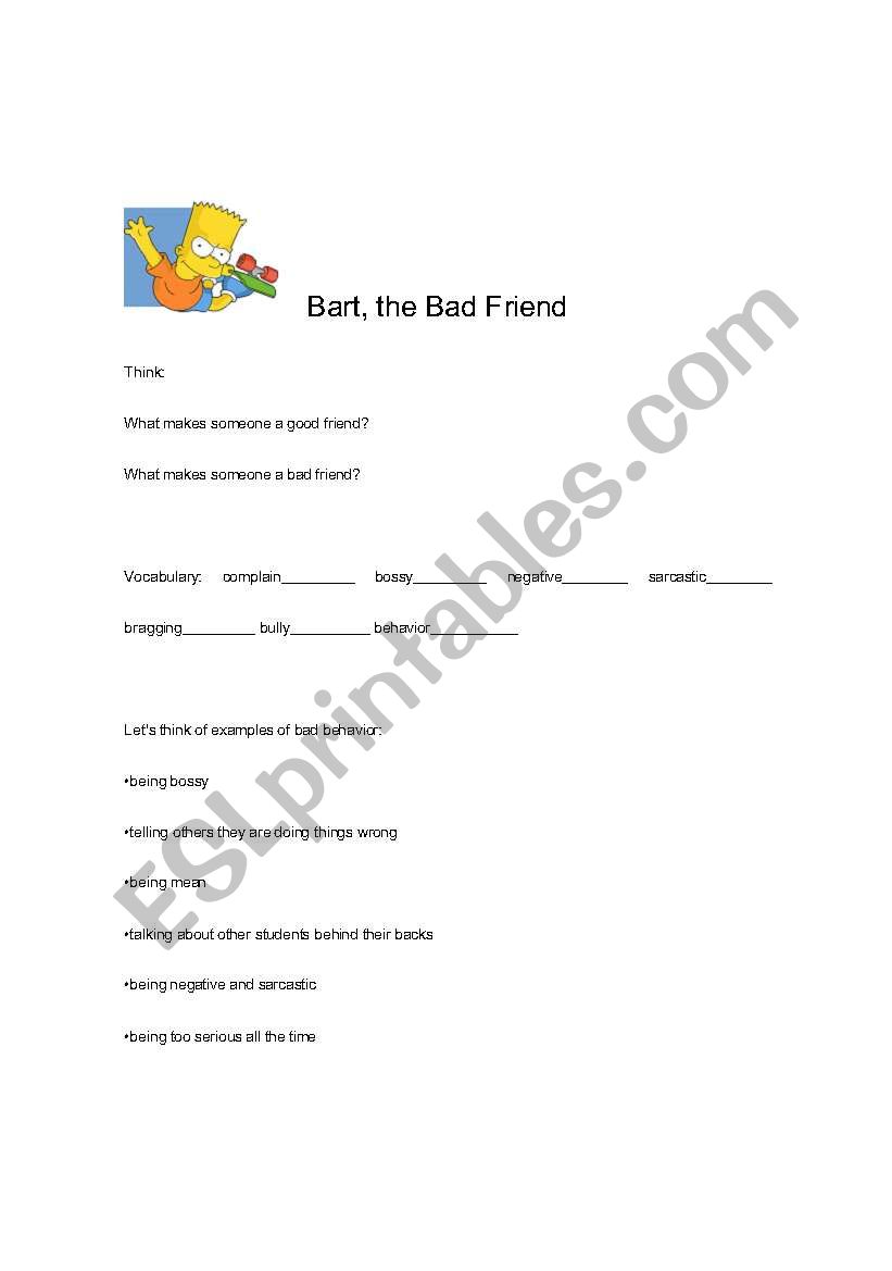 Bart Simpson, the Bad Friend worksheet