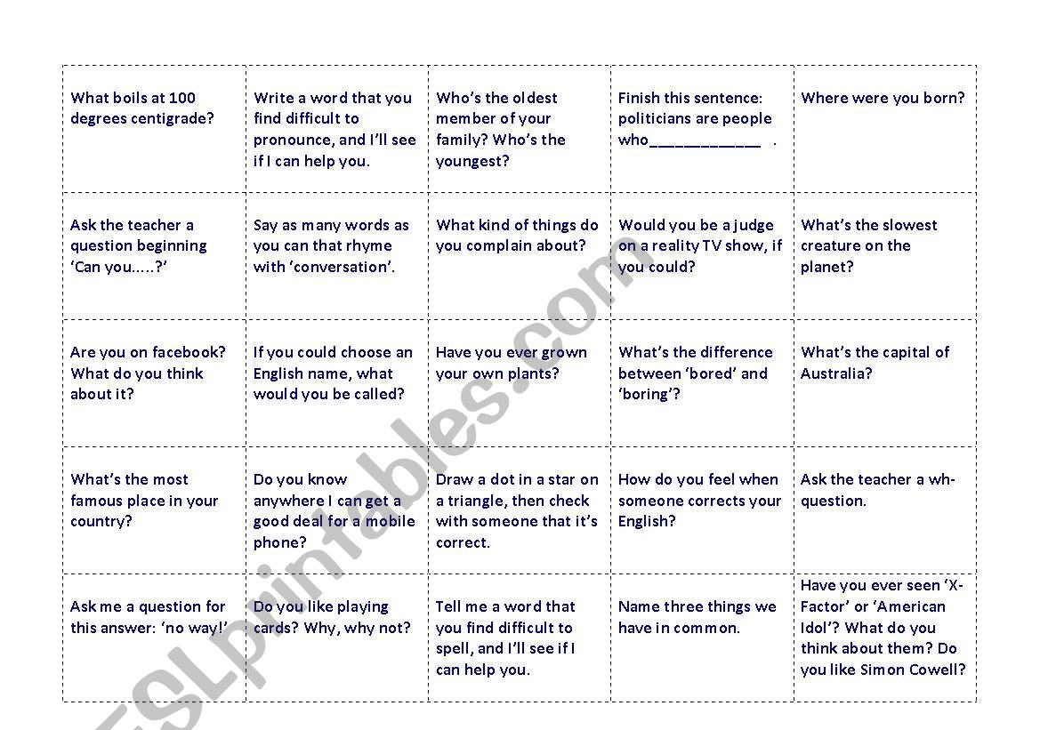 Another 100 talking points - conversation cards - ESL worksheet by Ailsa.