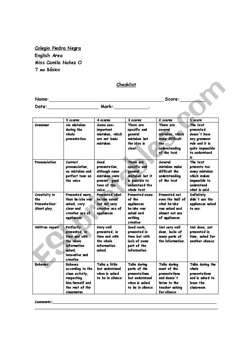 Checklist worksheet