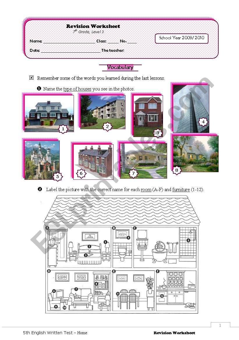 Revision Worksheet (the house+grammar - simple past, past continuous, prepositions of place)