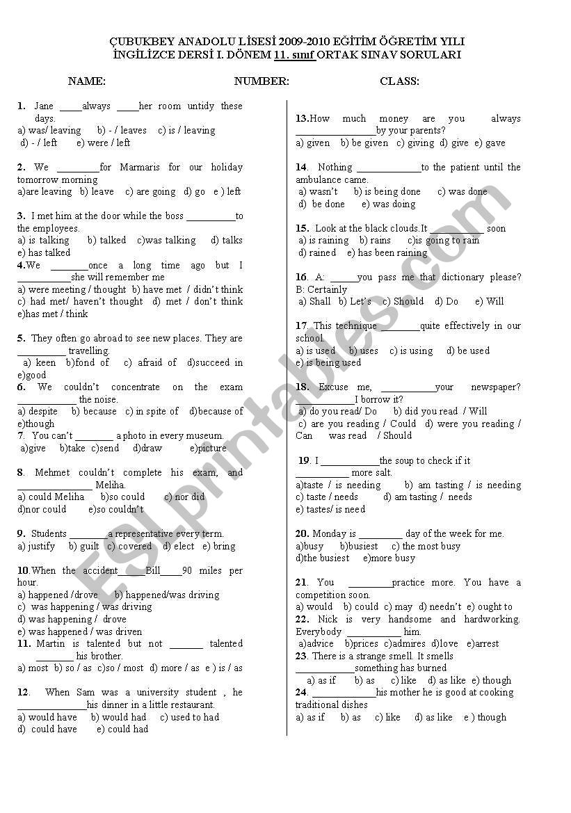 11th English 3rd Exam - ESL worksheet by DarkWeder