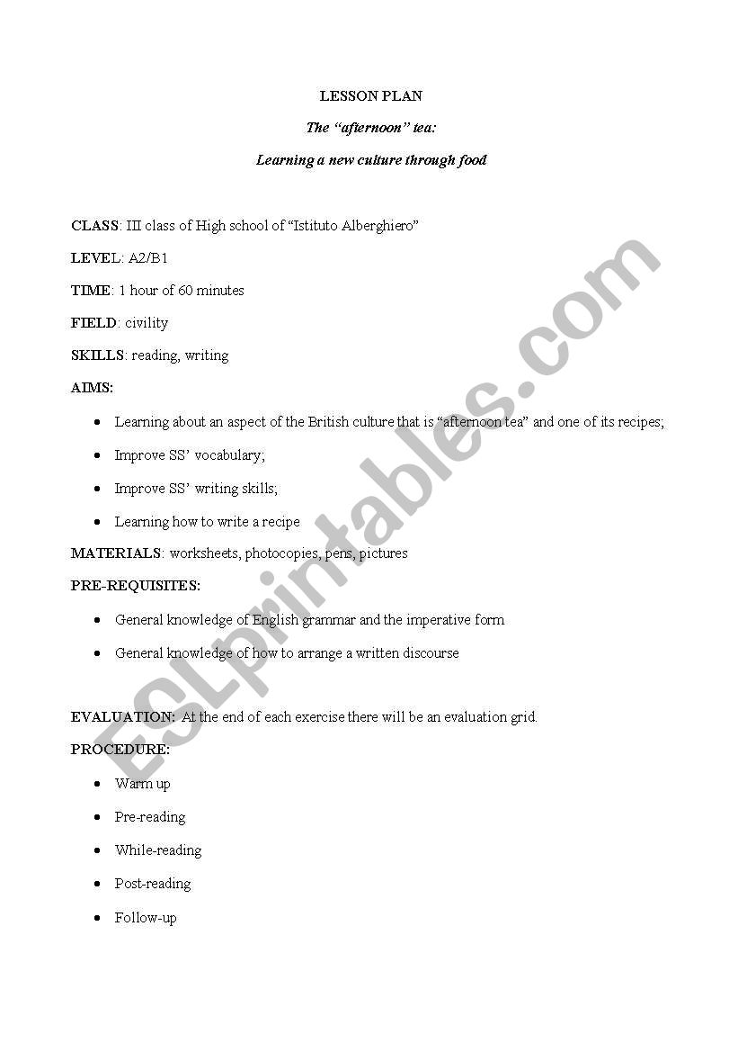 The “afternoon” tea:Learning a new culture through food - ESL worksheet ...