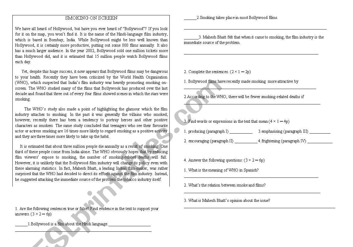 smoking on screen worksheet