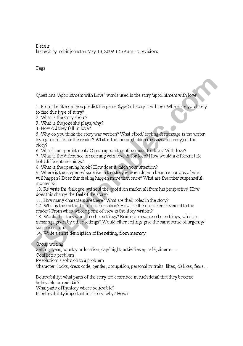 Appointment with love worksheet