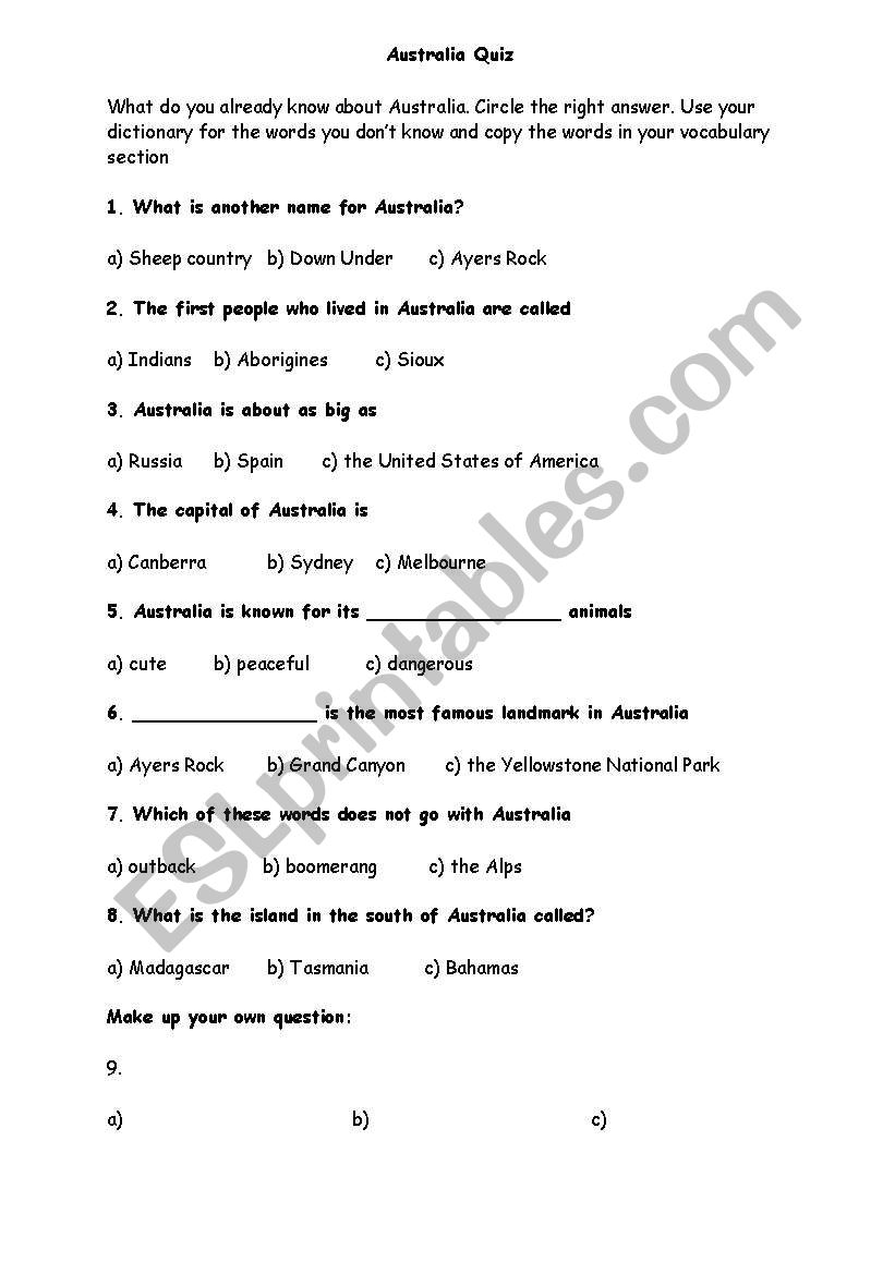 Australia quiz worksheet