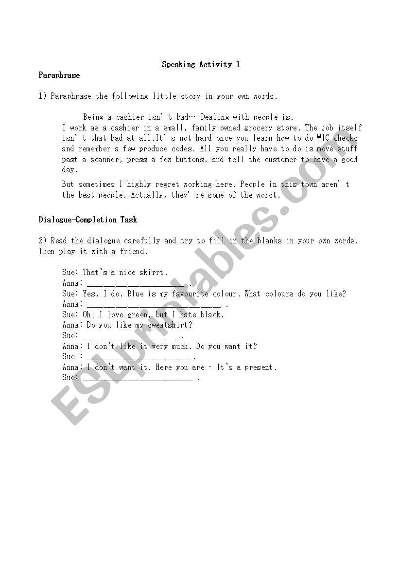 Speaking Test for Beginners worksheet