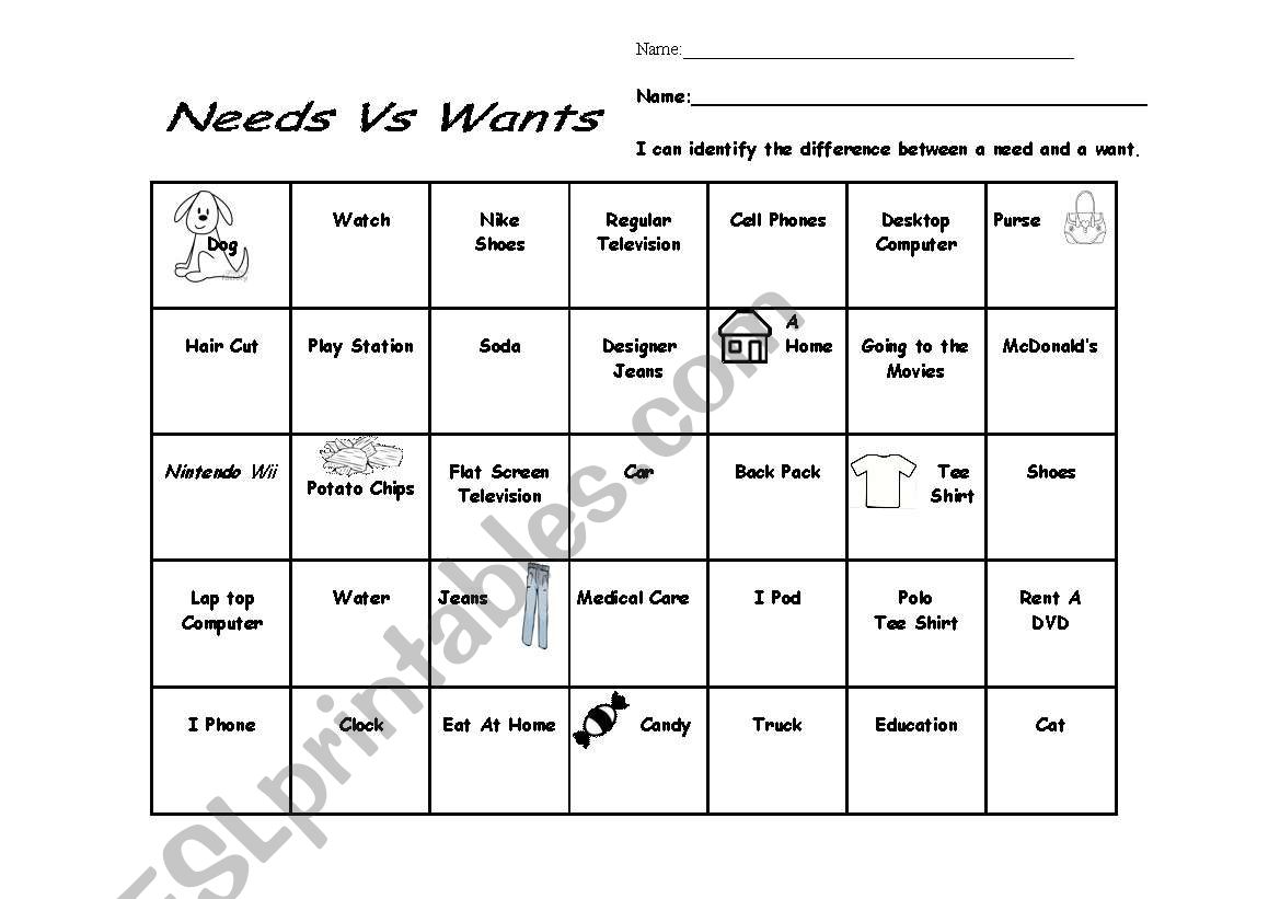 English worksheets Needs Vs Want