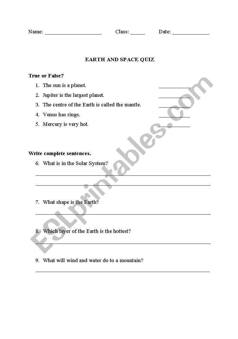 earth and space worksheet