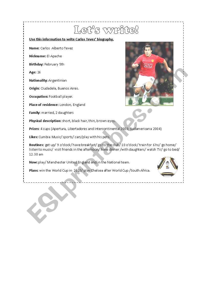 Let´s write about Football player Tevez! - ESL worksheet by maridivine